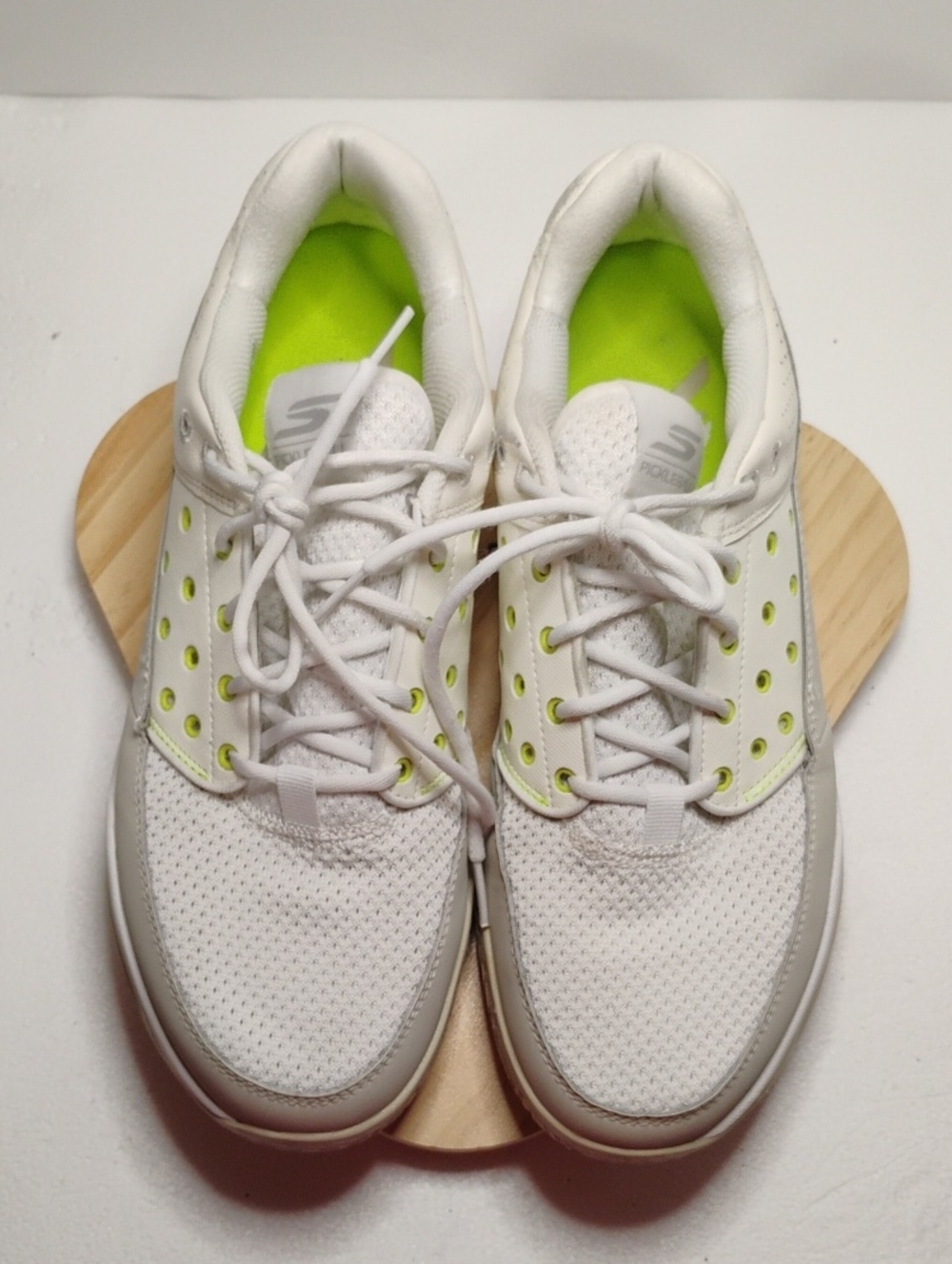 Skechers Women’s White Athletic Sneakers with Neon Lime Accents